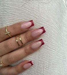 Acrylics For Work, Dark Red French Tip Nails Square, Dark Red French Tips, Red Graduation Nails, Dark Red French Tip, Dark Red French Tip Nails, Girly Acrylic Nails, French Tip Acrylic Nails, Casual Nails