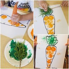 kids are painting carrots on paper plates