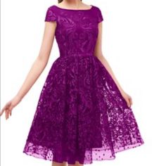 Purple Wine Short Sleeve Dress. Boat Neck, Zippered Back, Built In Bra, Fully Lined. Pleated Lace Full Skirt. Brand New No Tags, Custom Order. Shoulder To Lace Hem 43” Waist To Lace Hem 25” Waist Band 18” (Across Back) Pit To Pit 21” (Across Back) Purple Floral Embroidered Dress For Formal Occasions, Embroidered Knee-length Lace Dress For Party, Embroidered Lace Dress For Party, Knee-length, Purple Formal Dress With Floral Embroidery, Formal Embroidered Purple Dress, Elegant Embroidered Purple Dress, Formal Purple Dress With Floral Embroidery, Elegant Purple Dress With Lace Patchwork, Spring Purple Lace Party Dress