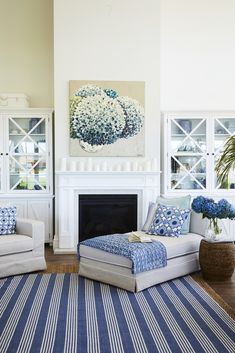 a living room filled with furniture and a fire place in front of a painting on the wall