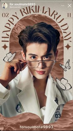 a poster with a man wearing glasses and butterflies on it