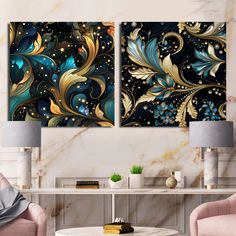 two paintings on the wall in a living room with chairs and table next to each other