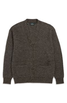 Layer up in the polished good looks of this cardigan knit from fine merino wool enhanced with the luxurious soft touch of alpaca for a timeless addition to your outfit. Front button closure V-neck Long sleeves 70% merino wool, 30 % alpaca Dry clean Imported Elegant Merino Wool V-neck Outerwear, Classic Alpaca Sweater For Winter, V-neck Merino Wool Cardigan For Fall, Luxury Merino Wool Outerwear For Fall, Brown Merino Wool Long Sleeve Cardigan, Classic Brown Knitted Outerwear, Classic Knitted Brown Outerwear, Luxury Wool V-neck Cardigan, Luxury Wool Sweater For Layering