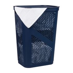 a blue trash can with a white towel on top