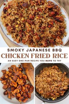 chicken fried rice in a skillet with text overlay that reads smoky japanese bbq chicken fried rice an easy one - pan recipe you have to try