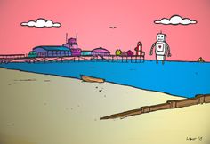 an image of a beach scene with a robot standing on the sand and buildings in the background