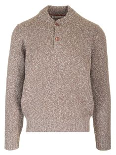 Brown-toned sweater in soft virgin wool and cashmere from Brunello Cucinelli, with ribbed henley collar. Versace Designer, Buttoned Shirt, Brunello Cucinelli Men, Knit Men, Best Wallet, Knitwear Men, Knitted Jumper, Shirt Skirt, Brunello Cucinelli