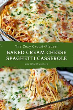 baked cream cheese spaghetti casserole with parsley on top