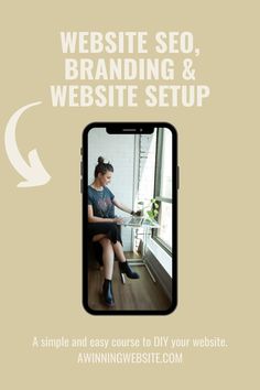 a woman sitting on a chair in front of a window with the words website, branding and website setup