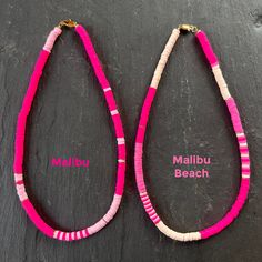 Limited edition pinktastic heishi bead necklace will have you feeling like a doll! Perfect for lounging at your Malibu Dream House or cruising in a pink convertible. 17 inches long 6mm soft vinyl and gold-plated Heishi beads Libby & Smee exclusive style Malibu: bright pink and baby pink Malibu Beach: bright pink, peony pink and pale blush flexible heavy-duty beading wire gold-plated lobster claw closure, crimps, crimp covers (lead-free and nickel-free) all Libby & Smee beaded necklaces come pack Heishi Bead Necklace Ideas, Heishi Bead Necklace, Pink Heishi Beads Necklace With Tiny Beads, Pink Heishi Beads Necklace, Adjustable Single Strand Pink Beaded Necklace, Pink Heishi Beads Necklace For Gift, Pink Tiny Beads Necklace For The Beach, Handmade Pink Heishi Beads Necklace, Pink Heishi Bead Necklace With Colorful Beads