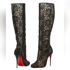 Christian Louboutin Tennissina 100mm Lace Pattern Boots Super Comfy Rare 100% Authentic Gorgeous Black Louboutin Lace Boots With Leather Trim At Top, Covered Heels And Zip Closures At Sides. Great Addition To Your Wardrobe New Never Worn Includes Box And Dust Bag Circumference: 14.5" Calf Circumference: 12" Shaft: 15.5" Heels: 4.25" Size Eu 37 Please Note European Sizes Run A Half To Whole Size Smaller Pertaining To Style Black Louboutins, Black Lace Heels, Louboutin Boots, Christian Louboutin Boots, Fashion Shoes Heels, Boots Patterns, Louboutin Heels, Christian Louboutin Heels, Lace Heels