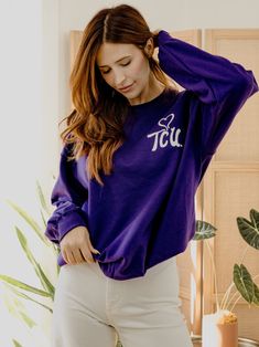 Pairs well with vintage denim and your favorite kicks.The details:- 50/50 Preshrunk Cotton/Poly Blend - Front/Back Design - Puff Ink - Officially Licensed Tcu Horned Frogs, Horned Frogs, Purple Sweatshirt, Back Design, Frogs, 50 50, Vintage Denim, Purple, Sweatshirts