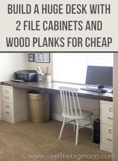 an office desk with two file cabinets and wood planks for cheap