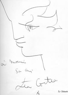 a black and white drawing of a man's face with writing on the side