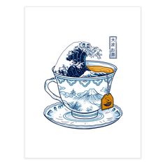 a drawing of a tea cup with the great wave coming out of it on top