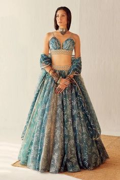 Shop for Cedar and Pine Blue Organza Lake Floral Embroidered Lehenga Set for Women Online at Aza Fashions Cedar And Pine, Aqua Blue Lehenga, Ombre Dupatta, Trendy Lehenga, Blue Organza, Indian Outfits Lehenga, Organza Lehenga, Gaun Fashion, Blue Lehenga