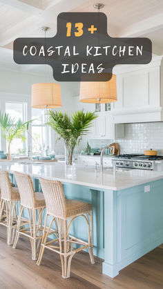 a kitchen with blue cabinets and white countertops is featured in this post for the 13 + coastal kitchen ideas