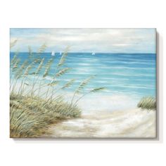 an oil painting of the beach with sea oats and sailboats in the distance