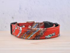 an orange dog collar with colorful feathers on it