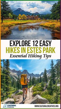 the cover of an outdoor hiking guide for hikes in the mountains and lakes, with text that reads explore 12 easy hikes in estes park essential hiking tips