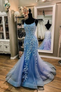 Blue Tulle Lace Long Mermaid Formal Dresses Wedding Dress Store, A Line Evening Dress, Marine Uniform, Blue Dress Formal, Dress Mermaid, Blue Evening Dresses, Blue Tulle, Evening Dress Fashion, Pretty Prom Dresses