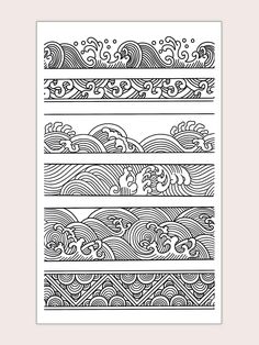 four different lines that have been drawn in black and white, each with an abstract design