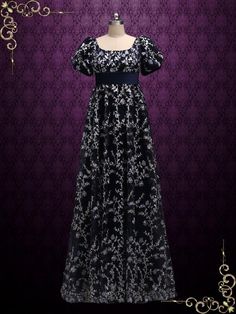 Regency Style Empire Dress with Floral Lace | ALICE Goth Regency Dress, 1800's Dresses, Regency Day Dress, Regency Wedding Dress, Simple Lace Dress, Regency Era Dress, Regency Ball, Story Boarding, Regency Dresses