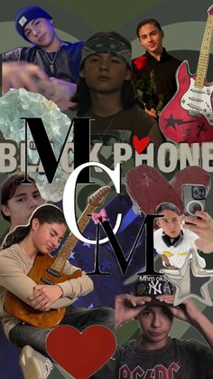 a collage of photos with the words black phone and pictures of people holding guitars