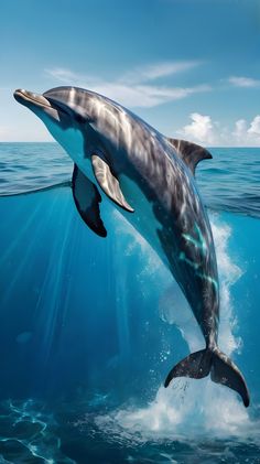 a dolphin jumping out of the water with its head above the water's surface