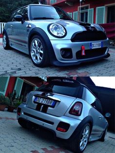 two pictures of a silver mini car parked in front of a house