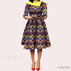 Lasaky - Stylish Ankara Wax Print Party Dress with Collar - A Fashionable and Elegant Attire Multicolor A-line Midi Dress For Cocktail, Fitted Multicolor A-line Midi Dress, Fitted Multicolor Midi Dress For Party Season, Multicolor A-line Maxi Dress For Party, Multicolor Knee-length Midi Dress For Party, Multicolor A-line Party Dress, Multicolor A-line Mini Dress For Party, Multicolor A-line Party Mini Dress, Multicolor Long Sleeve Midi Dress For Cocktail