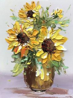 a painting of sunflowers in a brown vase