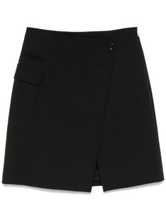 black virgin wool interlock weave wrap design concealed side zip fastening side flap and jetted pockets full lining straight hem thigh-length Mini Skirt Black, Wool Mini Skirt, Woven Wrap, Skirt Fits, Fitted Skirt, Skirt Black, Side Zip, Mini Skirt, Mini Skirts