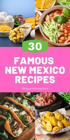 the top 50 famous new mexico cuisines and their ingredients are featured in this postcard