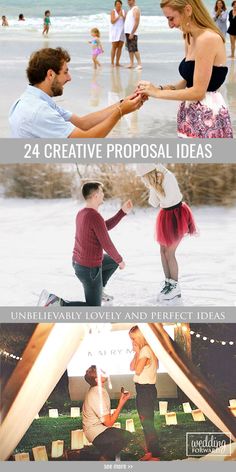 two people holding hands on the beach with text that reads, 24 creative proposal ideas