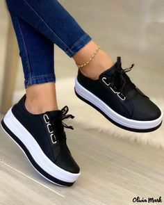 Color: black, Size: US8.5 Sepatu Platform, Flat Sneakers Women, Plateau Sneaker, Women Platform Sneakers, Black Platform Shoes, Orthopedic Shoes, Retro Sneakers, Womens Wedges, Flat Sneakers