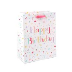 a birthday gift bag with confetti and stars on the front, happy birthday