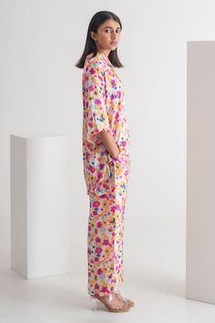 Multi-colored modal silk shirt with floral print. Comes with pant. - Aza Fashions Summer Silk Pant Set With Floral Print, Summer Silk Floral Print Pant Set, Spring Printed Viscose Sets, Multicolor Floral Print Relaxed Fit Sets, Relaxed Fit Multicolor Floral Print Sets, Summer Multicolor Viscose Set, Floral Print Shirt, Collar Shirt, Pant Set