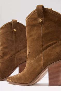 Kick off the season in style with the Abel Western Bootie by Vince Camuto. These pull-on boots are crafted in soft brown suede and feature a stacked block heel, Western-style stitching, and a pointed toe with a gold metal detail. | VINCE CAMUTO Women's Abel Western Bootie, Size 8.5, Brown Fall Closet, Western Booties, Metal Detail, Pull On Boots, Soft Brown, Fall Shopping, Work Fashion, Western Style, Boot Shop