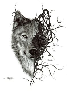 a drawing of a wolf with branches on its head