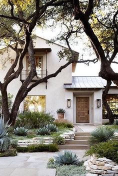 a house that has some trees in front of it and plants on the ground outside