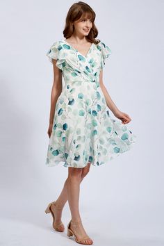 Silhouette: A-Line; Dress length: Above the Knee; Neckline: V-Neck; Back style: Back zipper; Padding: True; Waist: Natural; Sleeve length: Short sleeves; Model: MJW06H21; Fitted V-neck Chiffon Dress For Summer, Green Chiffon Dress For Garden Party, Fitted Chiffon Dress With Surplice Neckline, Spring Chiffon Dress With Surplice Neckline, V-neck Chiffon Dress For Garden Party, Spring Chiffon V-neck Dress, Spring Fitted Chiffon Dress With Surplice Neckline, Fitted V-neck Chiffon Dress For Spring, Fitted Chiffon Dress With Surplice Neckline For Spring