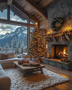 a living room filled with furniture and a christmas tree in front of a window covered in lights