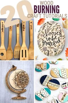 wooden spoons and spatulas with the words wood burning crafts on them