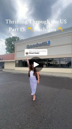 a woman walking across a parking lot with an umbrella over her head and the words, thrifting through the u s part 15 michigan