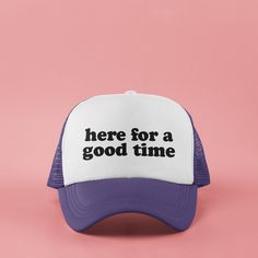 🧡This Here for a Good Time custom snapback trucker hat is great for any occasion. Full of style, comfort, and laughs, it's perfect to wear to bachelor/bachelorette parties, birthdays, reunions, brunches, game days, cruises, vacations, festivals, concerts, camping trips, and more. Cover up any bad hair day and make a fashion statement with this practical accessory. Make your friends laugh when you wear it out or gift one to your mom, dad, brother, sister, girlfriend, boyfriend, husband, wife, or Curved Bill Trucker Hat With Letter Print As Gift, Fun Trucker Hat With Letter Print, Letter Print Snapback Trucker Hat For Gift, Trucker Hat With Letter Print And Flat Bill, Letter Print Snapback Trucker Hat As Gift, Letter Print Snapback Trucker Hat, Trendy Trucker Hat With Letter Print And Flat Brim, Trendy Flat Brim Trucker Hat With Letter Print, Trendy Letter Print Flat Brim Trucker Hat