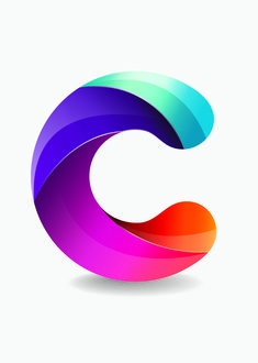 the letter c is made up of overlapping shapes and colors that appear to be flowing