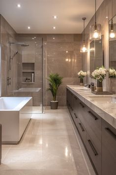 a large bathroom with two sinks and a bathtub