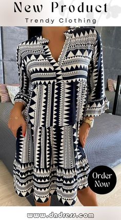 Casual V-neck Geometric Print Flared-sleeve Short Dress Printed Non-stretch V-neck Dresses, Chic Patterned V-neck Dress, Chic V-neck Patterned Dress, Long Sleeve Dress With Geometric Pattern For Vacation, Long Sleeve Geometric Pattern Dress For Vacation, Patterned V-neck Mini Dress, Printed V-neck Mini Dress For Fall, Long Sleeve Geometric Summer Dresses, Casual Printed V-neck Mini Dress