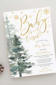 Winter Forest Gold It's Cold Outside Baby Shower Invitation Template Winter Baby Shower Invitations, Deer Baby Showers, Baby Its Cold, Tree Watercolor, Woodland Baby Shower Invitations